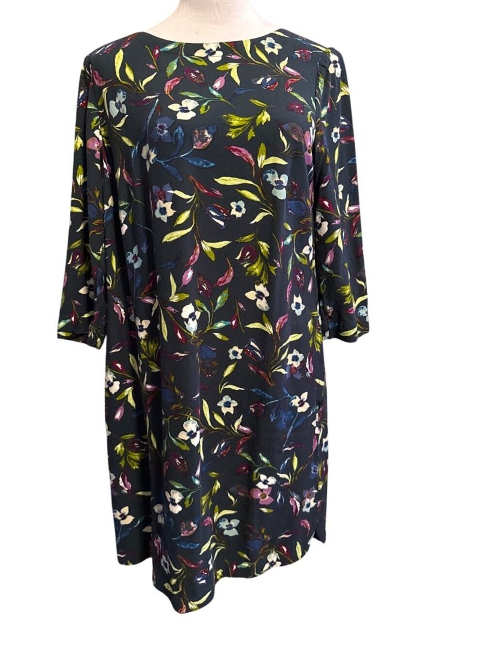 J Jill Women's Dress Blue Floral 3/4 Sleeve Pockets Crew‎ Neck Round Hem Medium